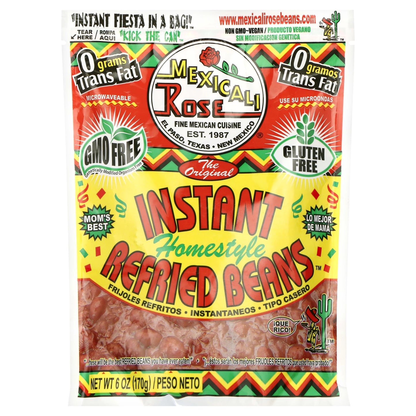 (4 Pack) Mexicali Rose Instant Refried Beans, 6 Oz, No Spice (Salt and Oil Only)