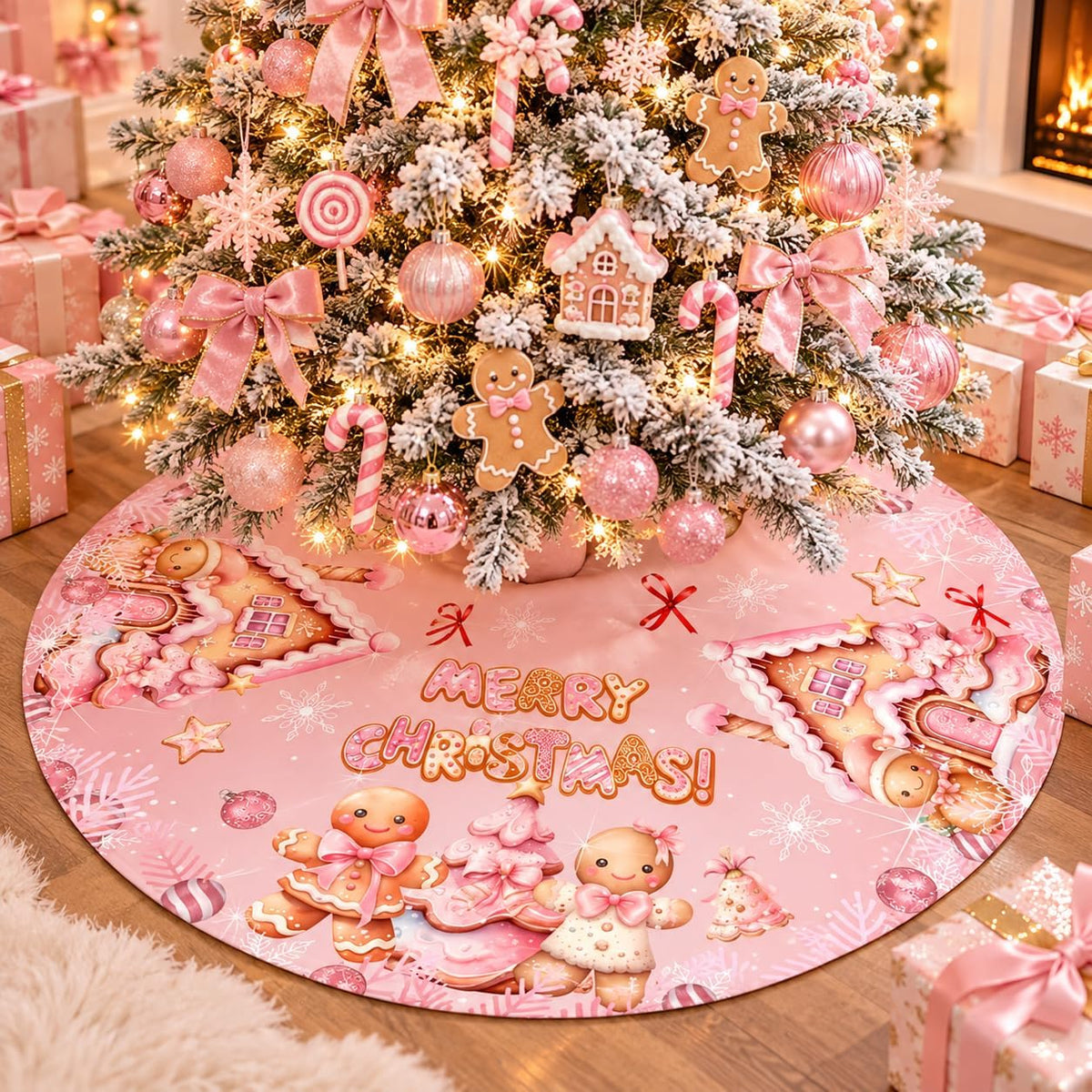 Pink Christmas Tree Skirt 48 Inch, Gingerbread Candy Cane Xmas Tree Decor