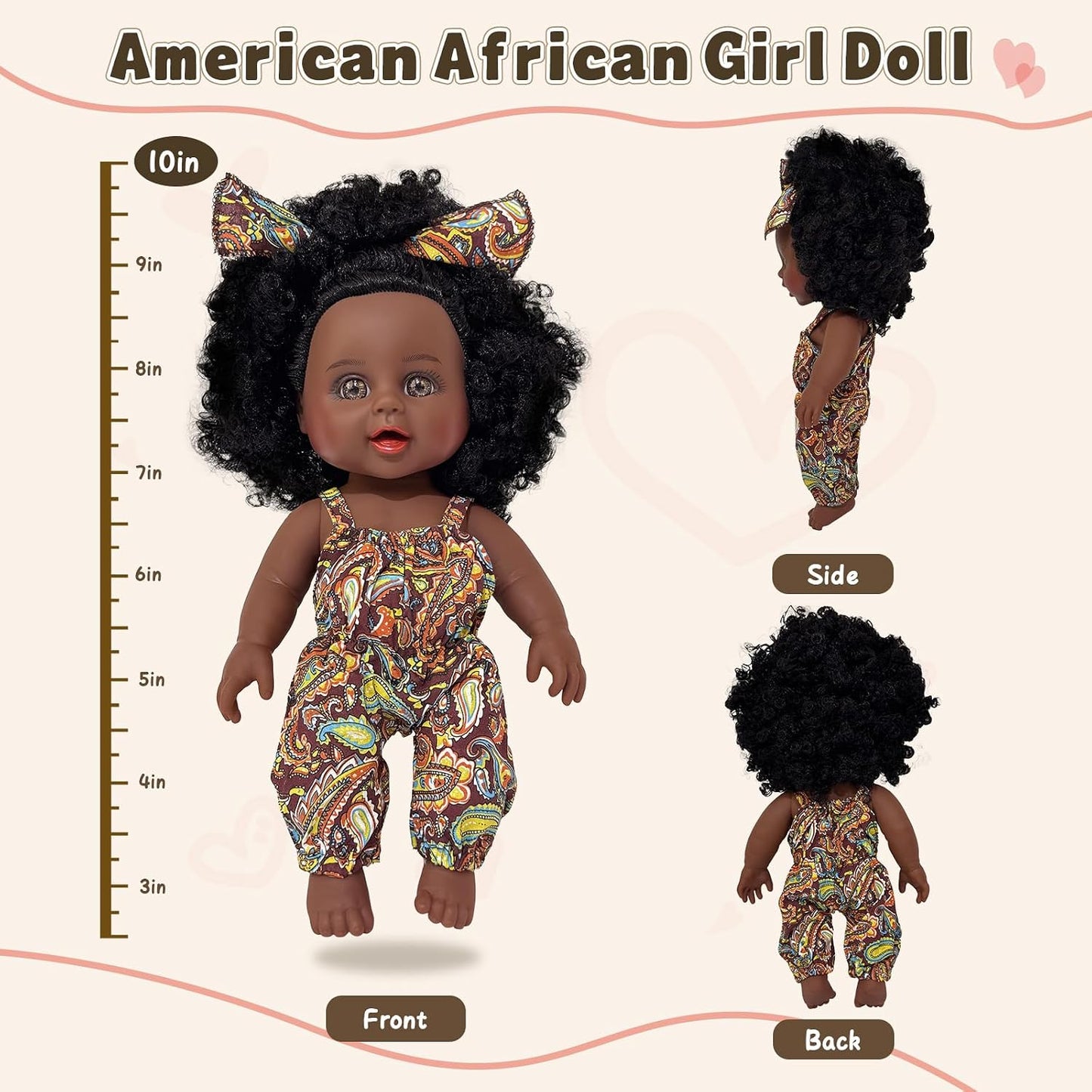 Nice2You Black Baby Doll in Take along Backpack Carrier, 10In American African Girl Doll for Toddlers and Kids Aged 3+ Year Old, Backpack for Baby Doll Accessories Storage