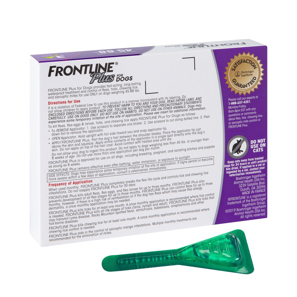 FRONTLINE plus for Dogs Flea and Tick Treatment, Large Dog, 45-88 Lb, Purple Box, 3 CT