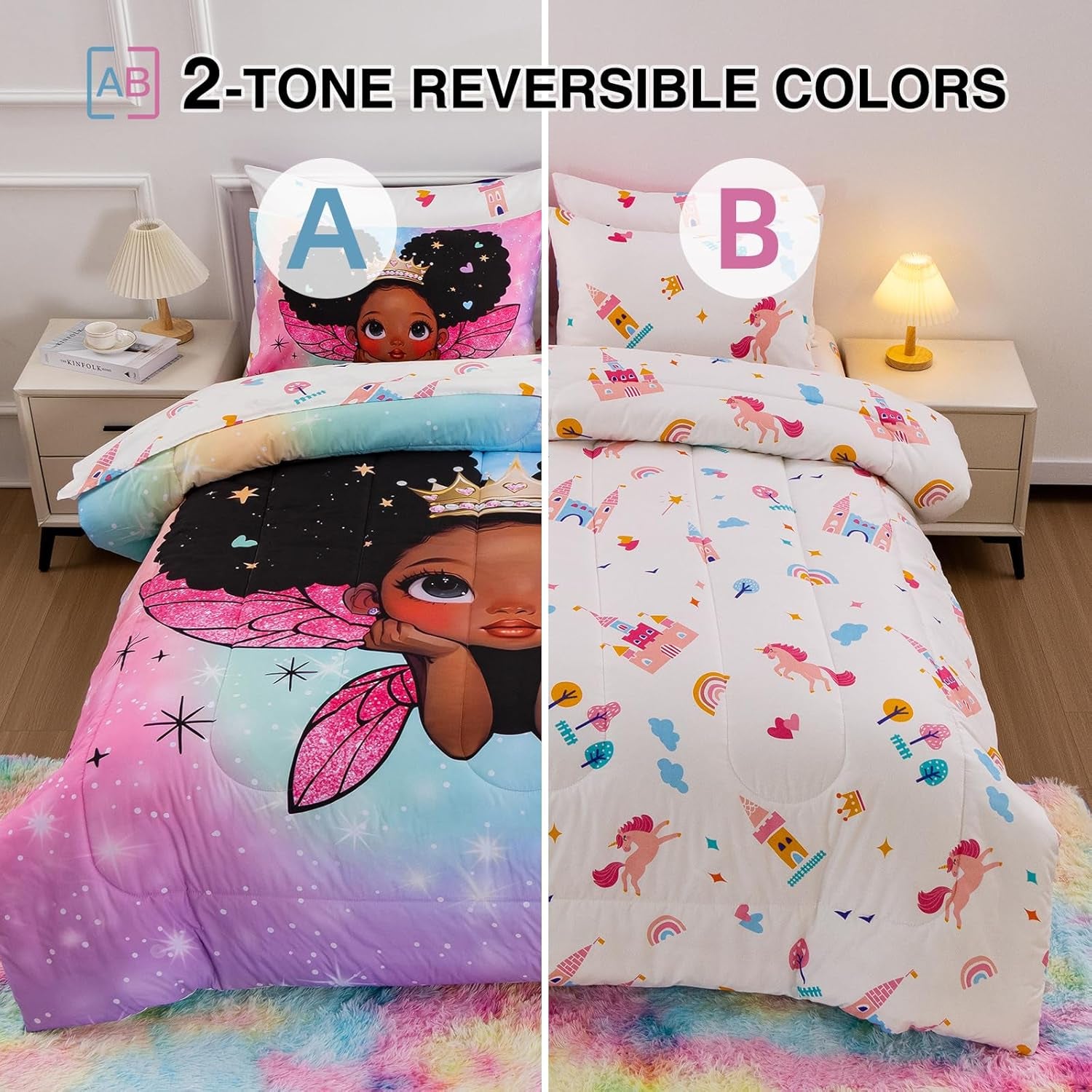 A Nice Night Black Girl Princess with Wings Comforter Set,Pink Gradient Glitter Rainbow Galaxy 6Pcs Kids Twin Size Bedding Set,Room Decor for Girls