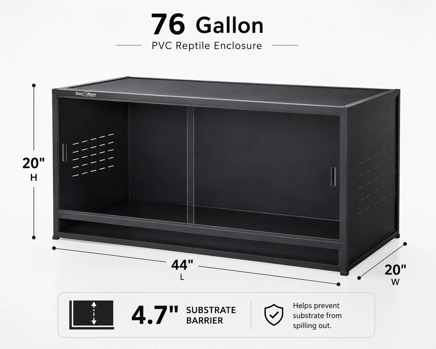 Toxirium 44X20X20 Inch 76 Gallon PVC Reptilie Terrarium, Stackable Enclosure with Sliding Doors for Bearded Dragons, Lizards and Snakes