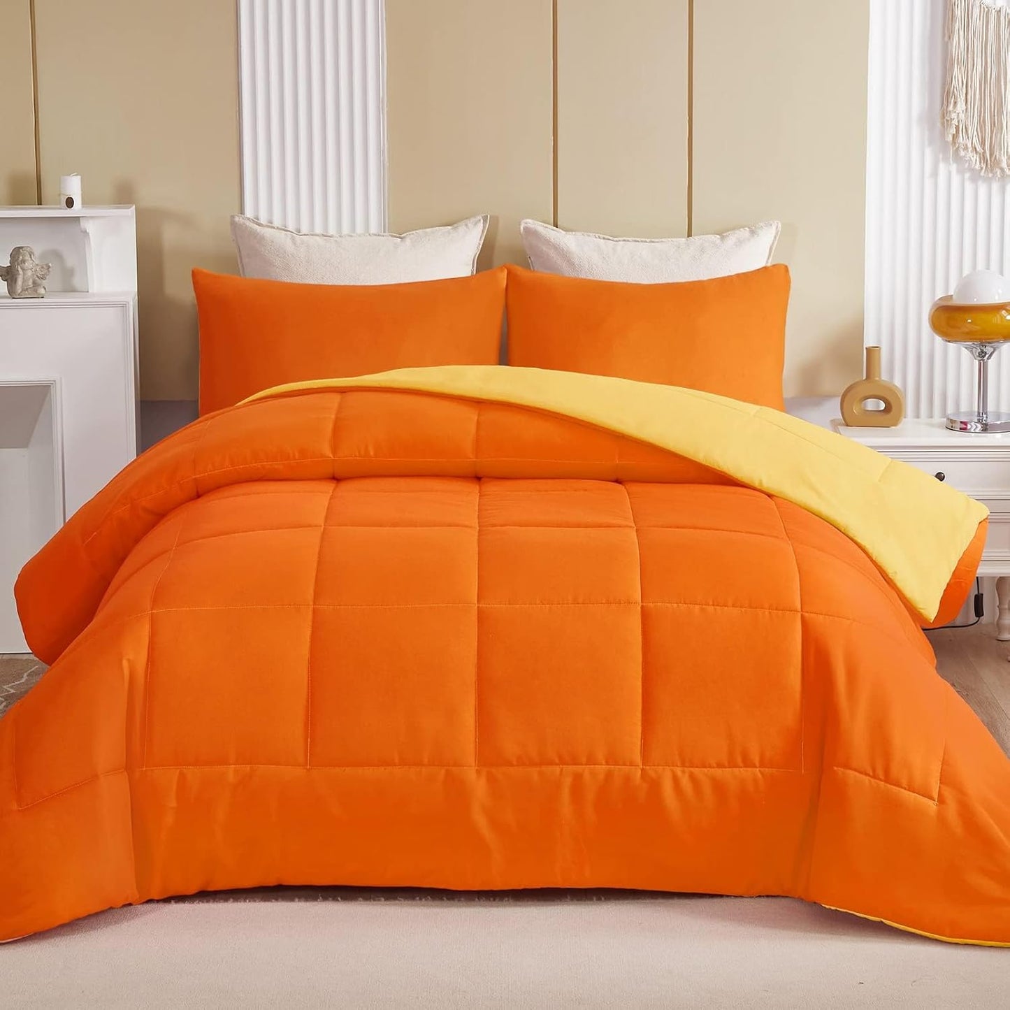 Exclusivo Mezcla Lightweight Reversible Queen Size Comforter Set, down Alternative Comforter with 2 Pillow Sham, Queen Size Bedding Set for All Seasons, Orange/Yellow