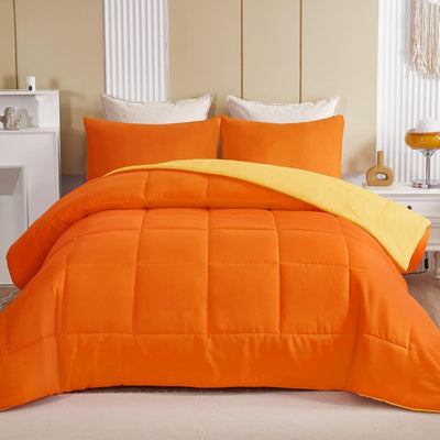 Exclusivo Mezcla Lightweight Reversible Queen Size Comforter Set, down Alternative Comforter with 2 Pillow Sham, Queen Size Bedding Set for All Seasons, Orange/Yellow