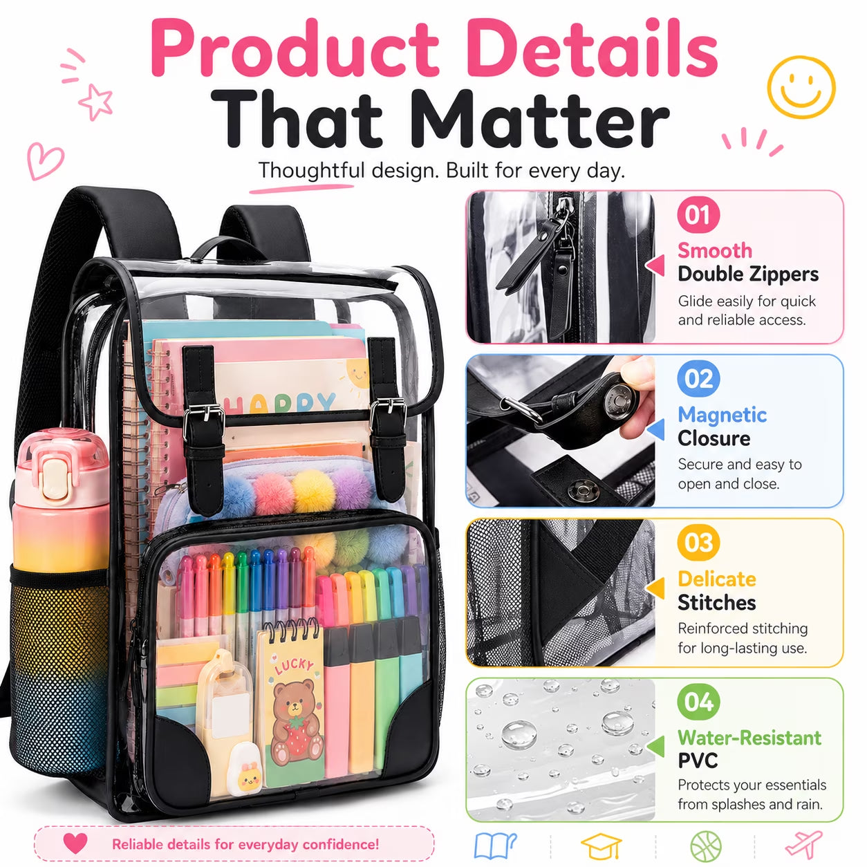 DAKIMOE Clear Backpack for School Stadium Bookbag Transparent Book Bag Large 17''