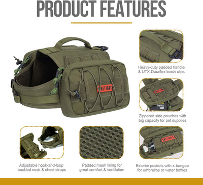 ONETIGRIS Tactical Dog Backpack for Medium & Large Dogs - Durable Nylon Hiking Pack with Spacious Side Pockets (Green, Large)