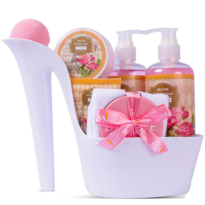 Draizee Heel Shoe Spa Gift Basket for Women, 8 Pc British Rose Scented | Spa Gift Set, Luxury Self Care Kit for Mom, Relaxing Bath and Body Set, Home Spa Gifts for Her