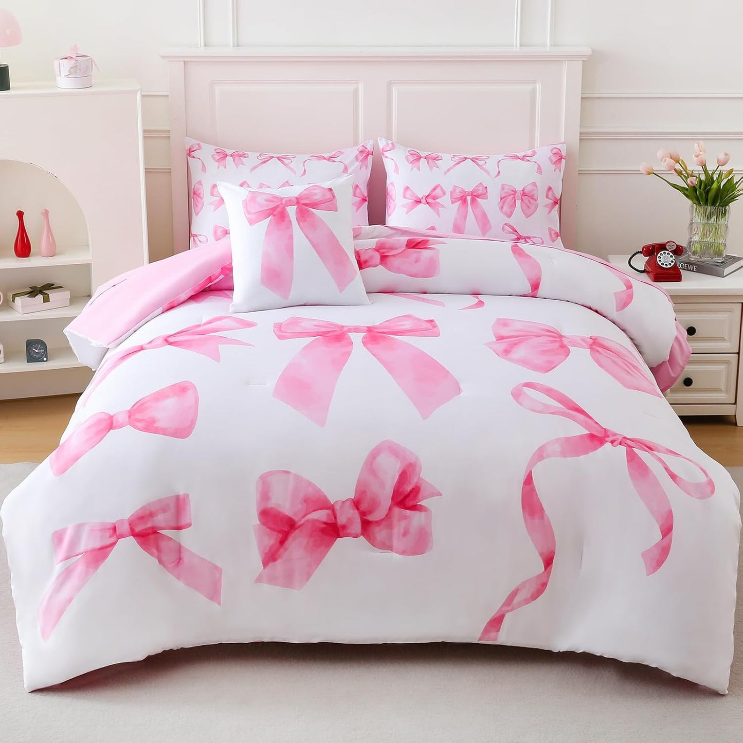 Twin Comforter Sets Pink Bed in a Bag for Girls, 6 Pieces Bow Twin Size Bedding Sets with Sheets for Kids