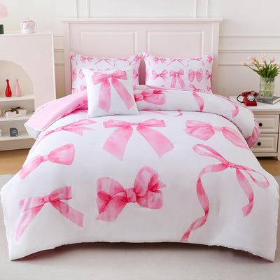 Twin Comforter Sets Pink Bed in a Bag for Girls, 6 Pieces Bow Twin Size Bedding Sets with Sheets for Kids