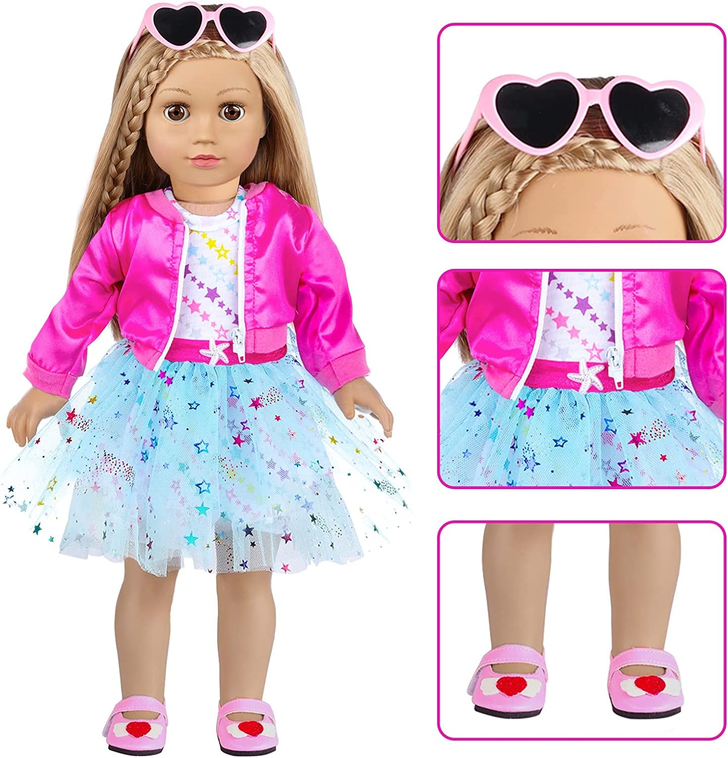 American 18 Inch Doll Clothes and Makeup Accessories Set Includes Clothes Backpack Sunglasses Phone Shoes Comb Mirror Eye Shadow Lipstick Hair Clip Hair Tie(Doll NOT Included)
