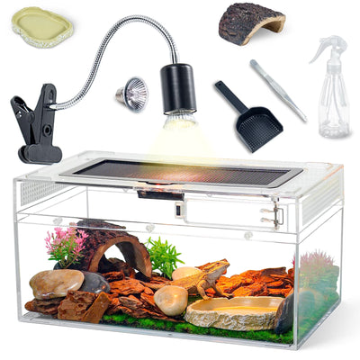 Gecko Tank & Reptile Terrarium Kit with Heat Lamp, Spray Bottle, Tools & Hideout - Perfect Habitat for Lizards, Snakes, Turtles, Hermit Crabs, Frogs, Jumping Spiders 12.5X6X7 Inch