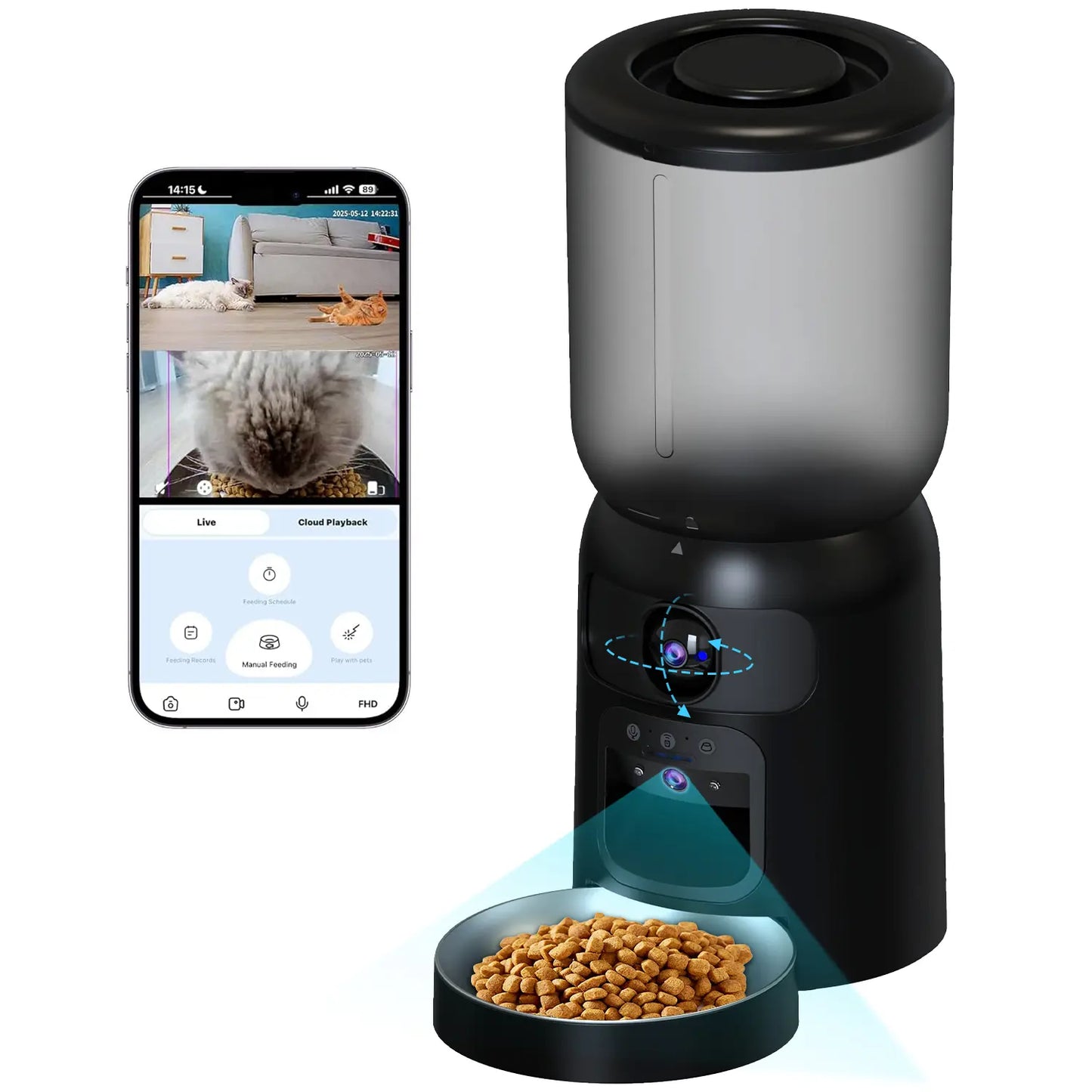 6L Automatic Cat Feeder with Dual Camera, 1080P HD Night Vision & Dual Power Supply, Easy Setup Timed Food Dispenser with Desiccant Bag for Cats & Dogs, 5G Wifi Pet Feeder with 2-Way Audio