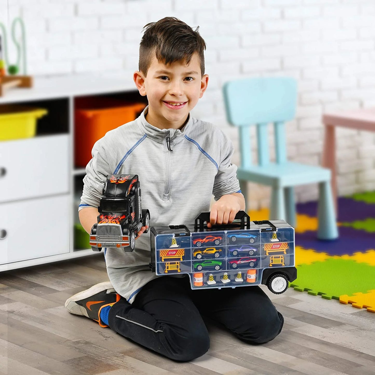 Toy Truck Transport Car Carrier - Toy Truck Includes 6 Toy Cars and Accessories - Toy Trucks Fits 28 Toy Car Slots - Great Car Toys Gift for Boys and Girls - Original by Play22Usa