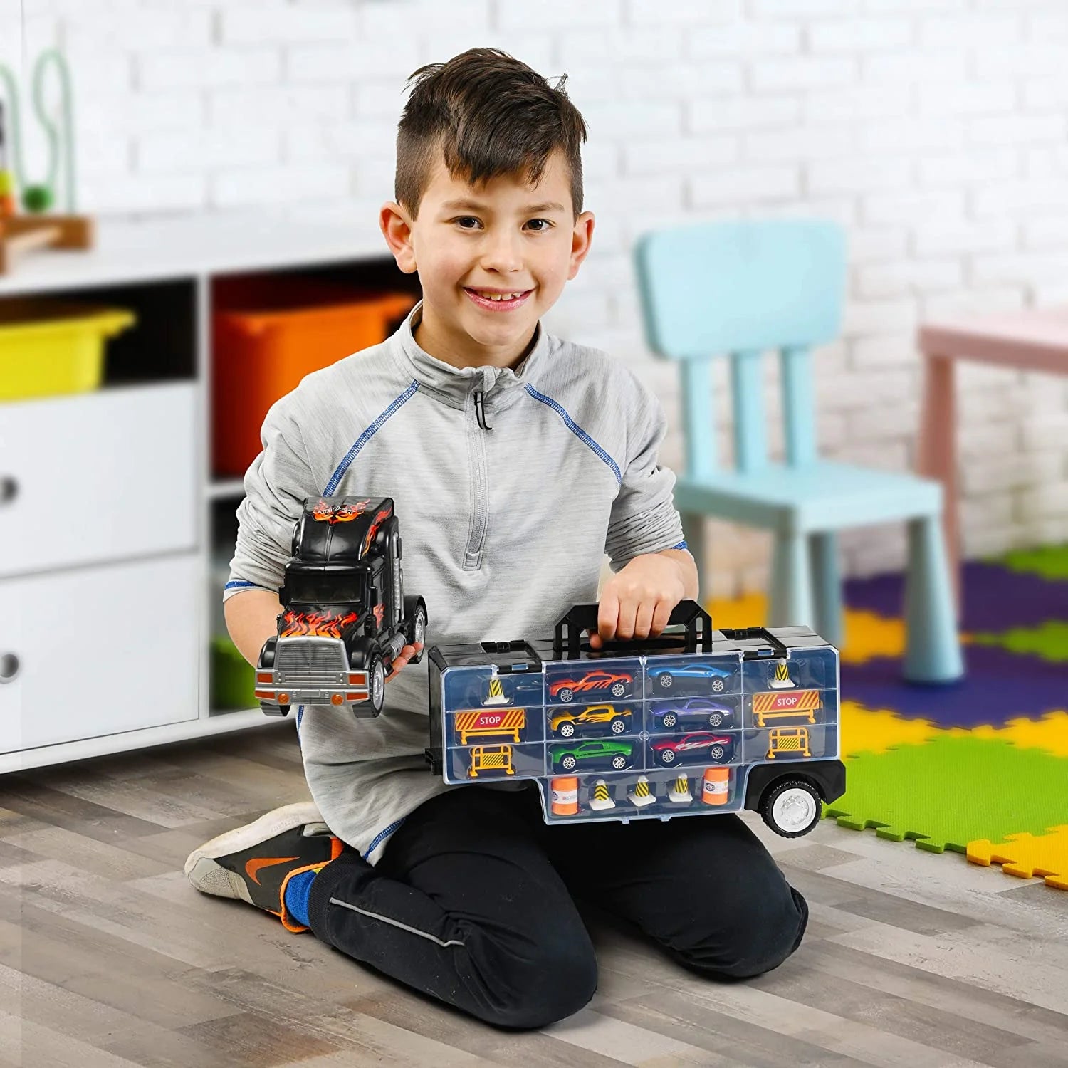 Toy Truck Transport Car Carrier - Toy Truck Includes 6 Toy Cars and Accessories - Toy Trucks Fits 28 Toy Car Slots - Great Car Toys Gift for Boys and Girls - Original by Play22Usa