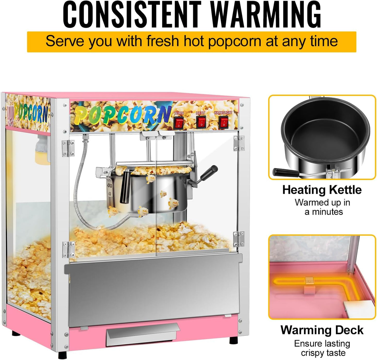Commercial Countertop Popcorn Maker Machine 8 Ounce Kettle Movie Theater Automatic Popcorn Popper with Heating Rod Heat Lamp Safety Tempered Glass Doors