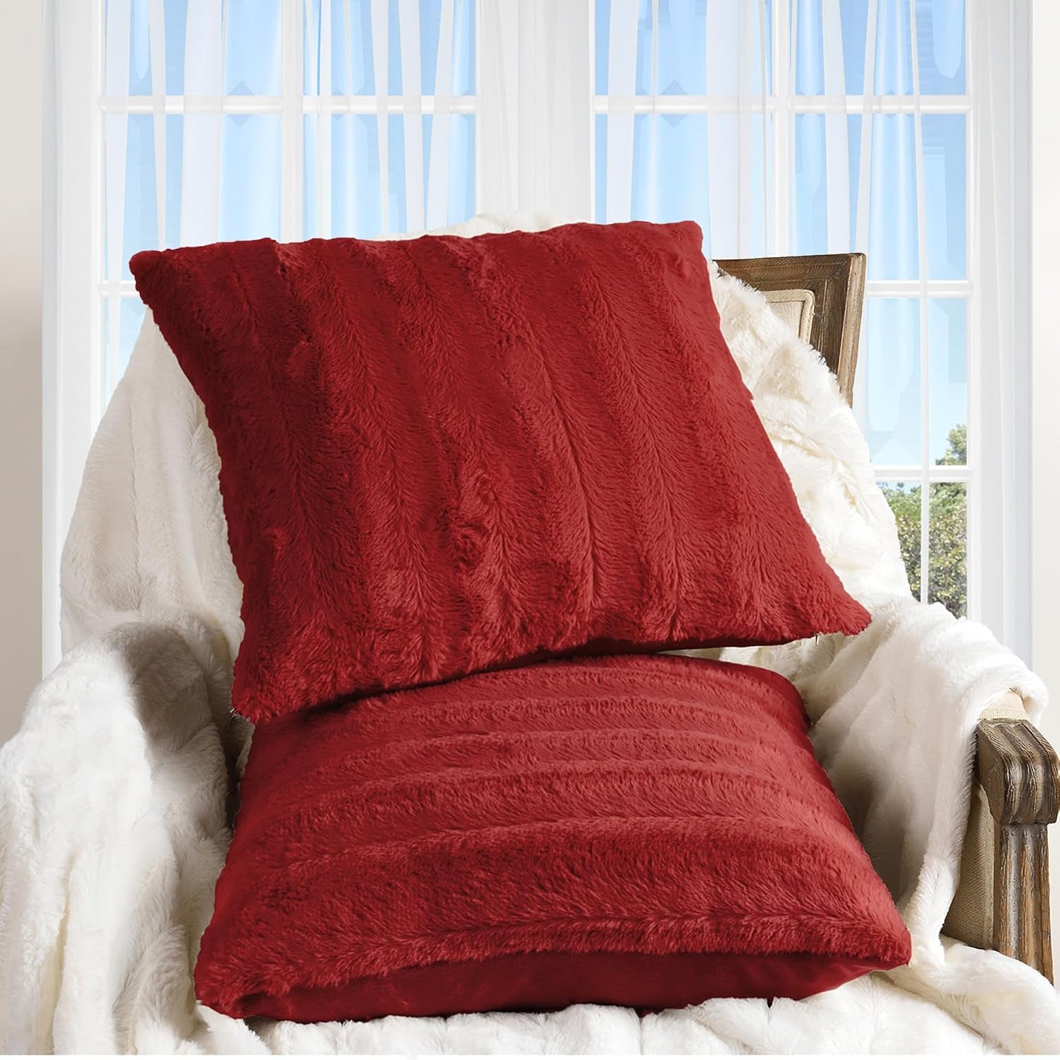 Cheer Collection Faux Fur Throw Pillows - Decorative Pillows for Couch, Bed Throw Pillows, Maroon Accent Pillows for Bedroom or Living Room Aesthetic, Set of 2 Furry Throw Pillows, 24" X 24"