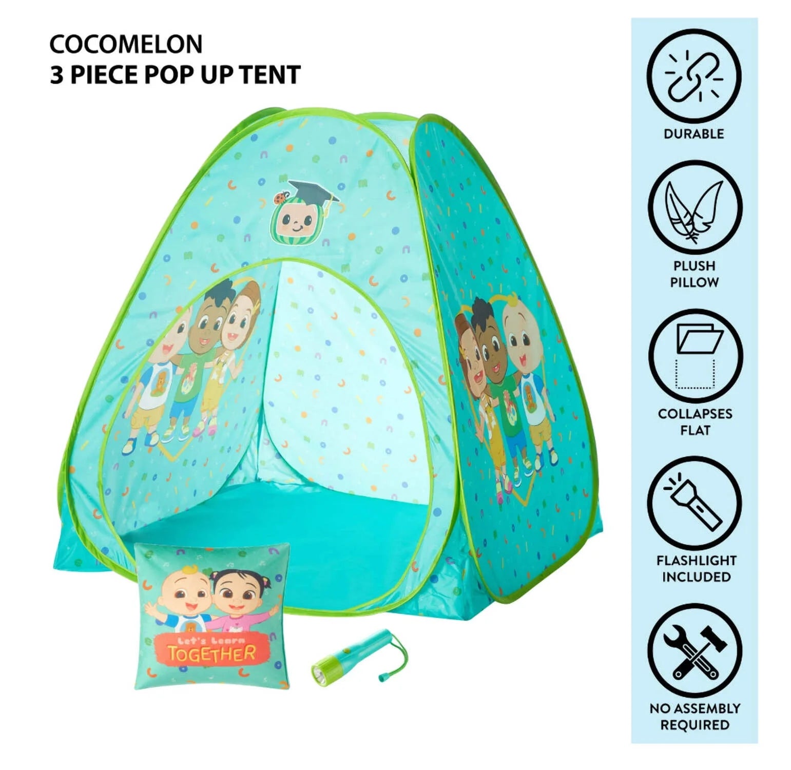 Cocomelon 3Pc Tent Set with Pillow and Flashlight, Aqua, Unisex, Toddler