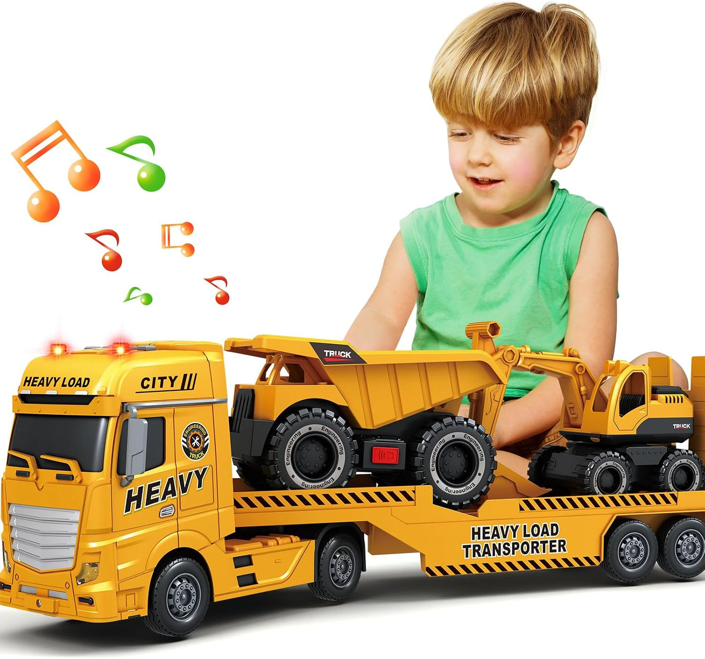 Bstoyder Toddler Boy Toys for 3 4 5 6 7 Years Kids, 25" Semi Construction Carrier Truck Toy with Excavator and Dump Truck, Friction Powered Toys with Lights and Sounds, Birthday for Boy Girls