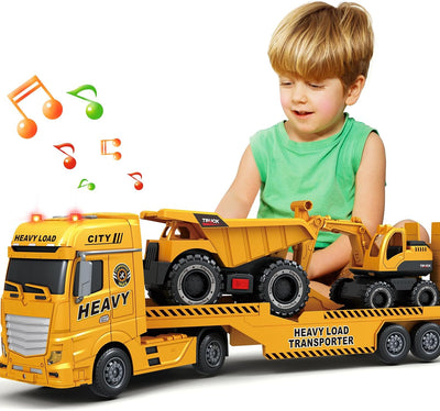Bstoyder Toddler Boy Toys for 3 4 5 6 7 Years Kids, 25" Semi Construction Carrier Truck Toy with Excavator and Dump Truck, Friction Powered Toys with Lights and Sounds, Birthday for Boy Girls