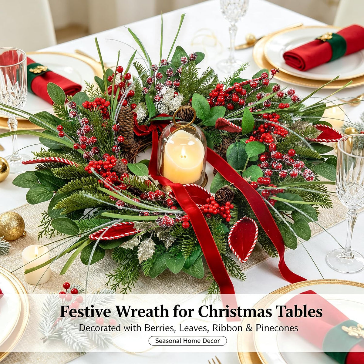 Christmas Wreath with Lights,Outdoor Pre-Lit Christmas Wreaths for Front Door-24 Inch Xmas Door Wreath with Pine Needles Pine Cones and Red Berries- Farmhouse Home Christmas Decorations