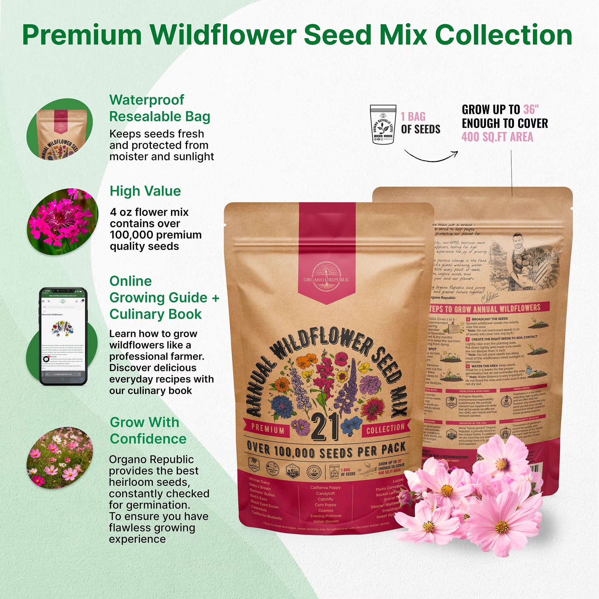 Organo Republic 21 Annual Wildflower Seeds Mix, 100,000+ Non-Gmo Heirloom Wildflower Garden Seeds