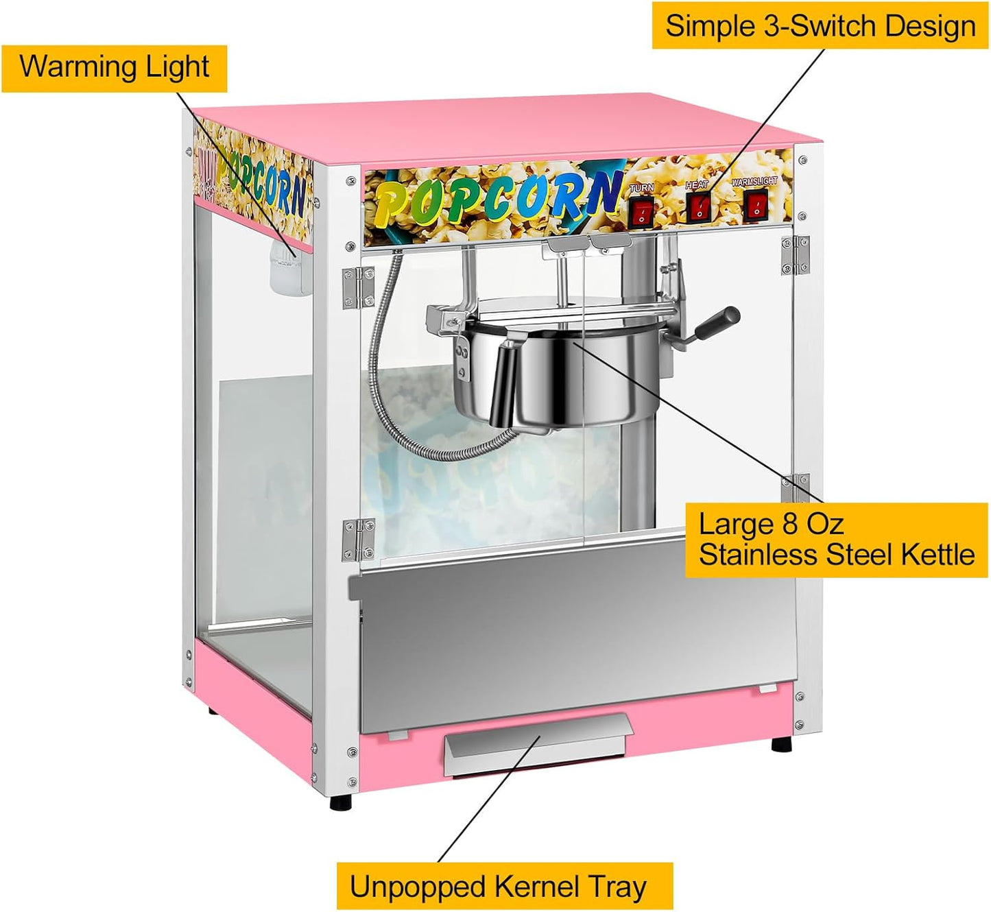 Commercial Countertop Popcorn Maker Machine 8 Ounce Kettle Movie Theater Automatic Popcorn Popper with Heating Rod Heat Lamp Safety Tempered Glass Doors