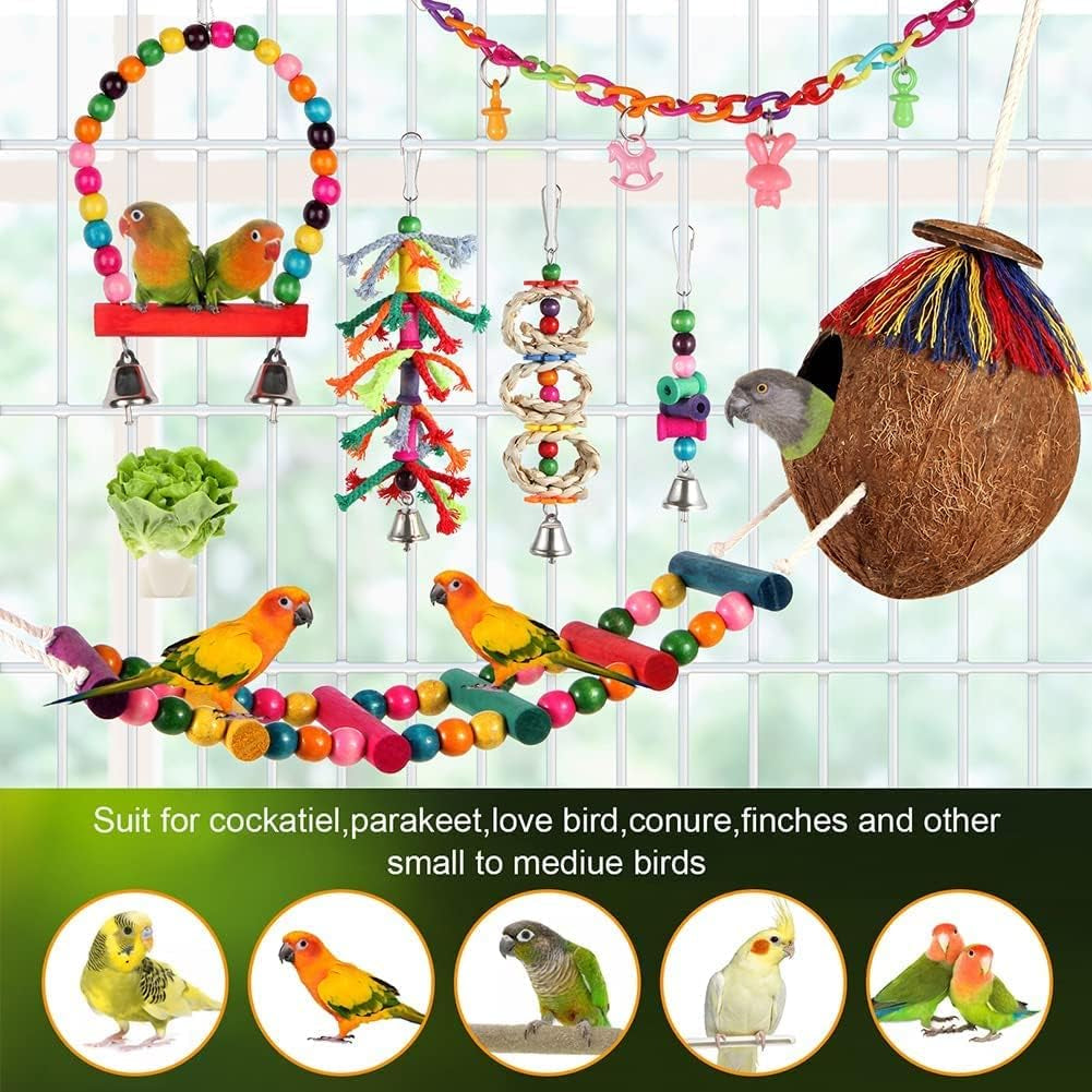 Parakeet Bird Parrot Toys Colorful Swing Chewing Hanging Toys with Bells Climbing Ladder Coconut Bird Cage for Small Cockatiels,Conures,Finches,Budgie,Macaws,Love Birds (PET-ONLY USE)