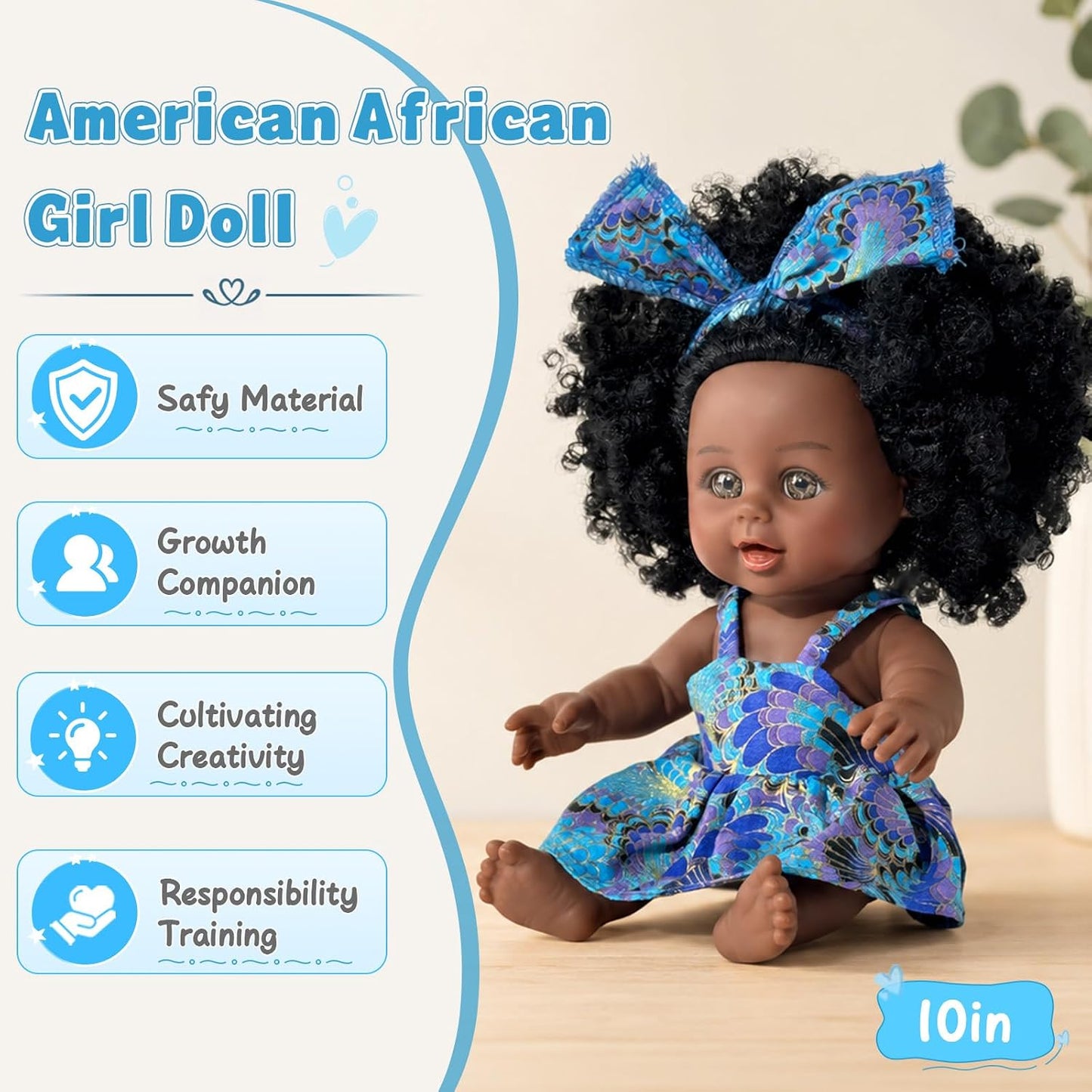 Nice2You Black Baby Doll for Girl, 10 Inch African American Black Doll with Dress, Reborn Realistic Baby Doll for Kids Aged 3-6 Years Old, Small Silicone Black Doll Toy with Curly Hair for Birthday