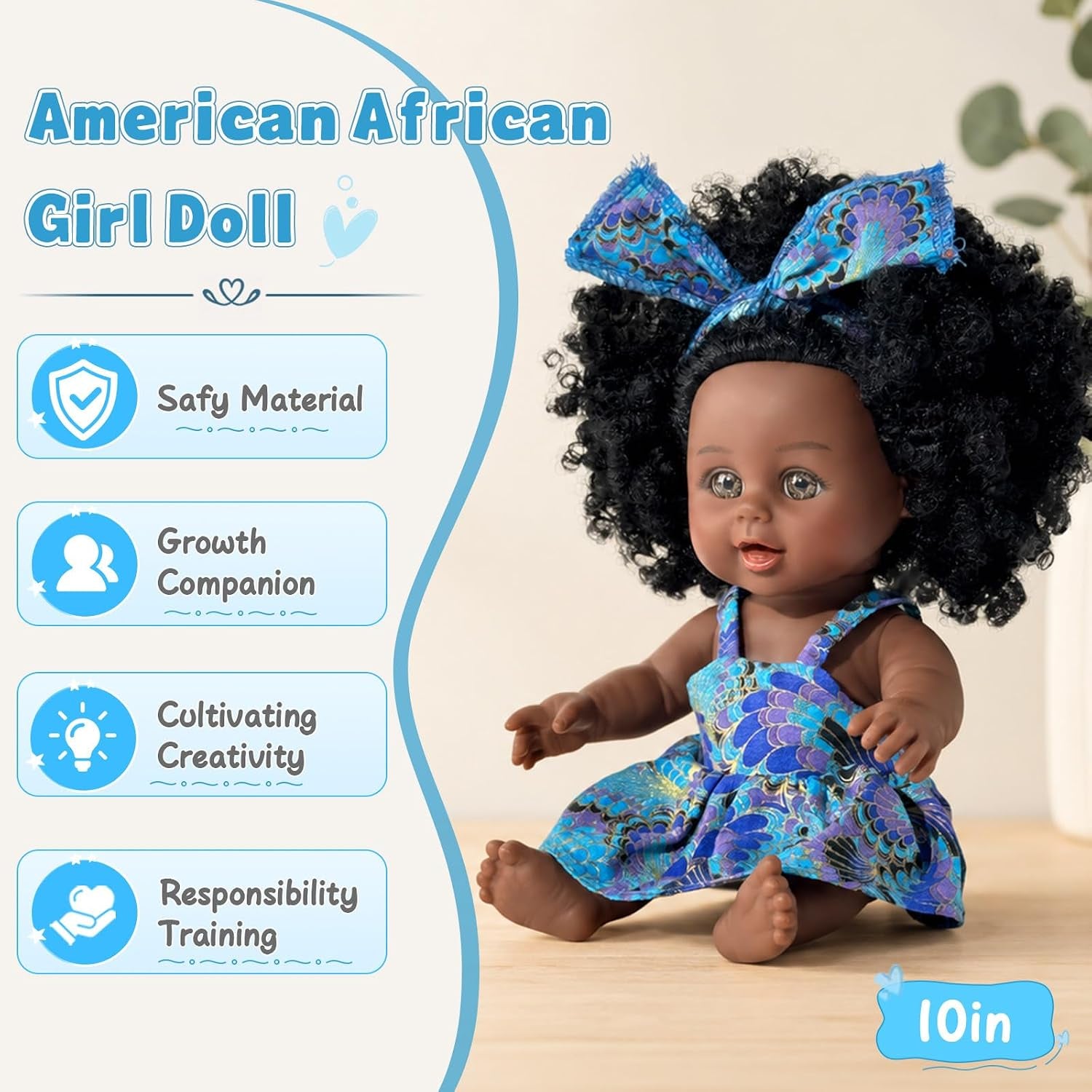 Nice2You Black Baby Doll for Girl, 10 Inch African American Black Doll with Dress, Reborn Realistic Baby Doll for Kids Aged 3-6 Years Old, Small Silicone Black Doll Toy with Curly Hair for Birthday