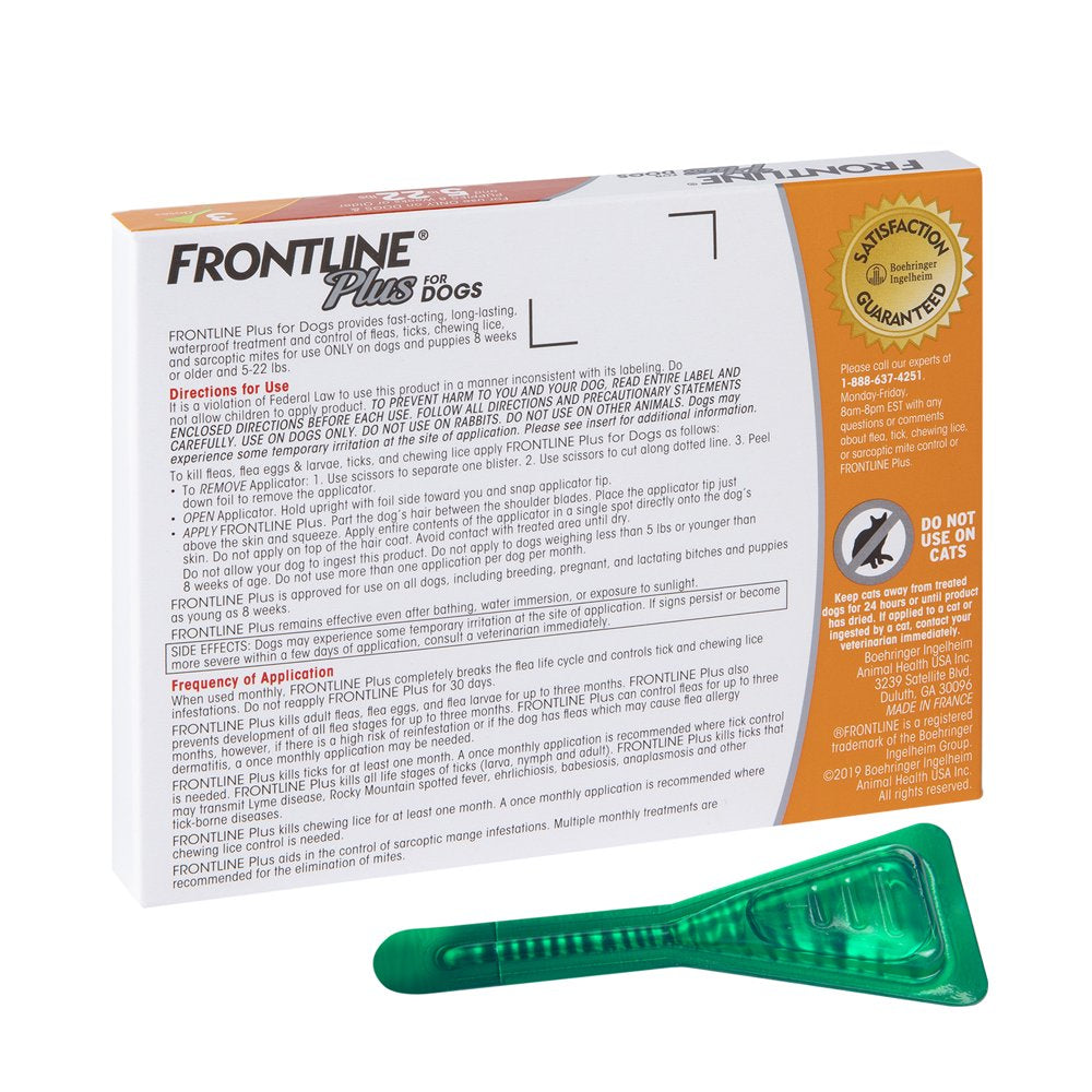 FRONTLINE® plus for Dogs Flea and Tick Treatment, Small Dog, 5-22 Lbs, Orange Box, 3 CT