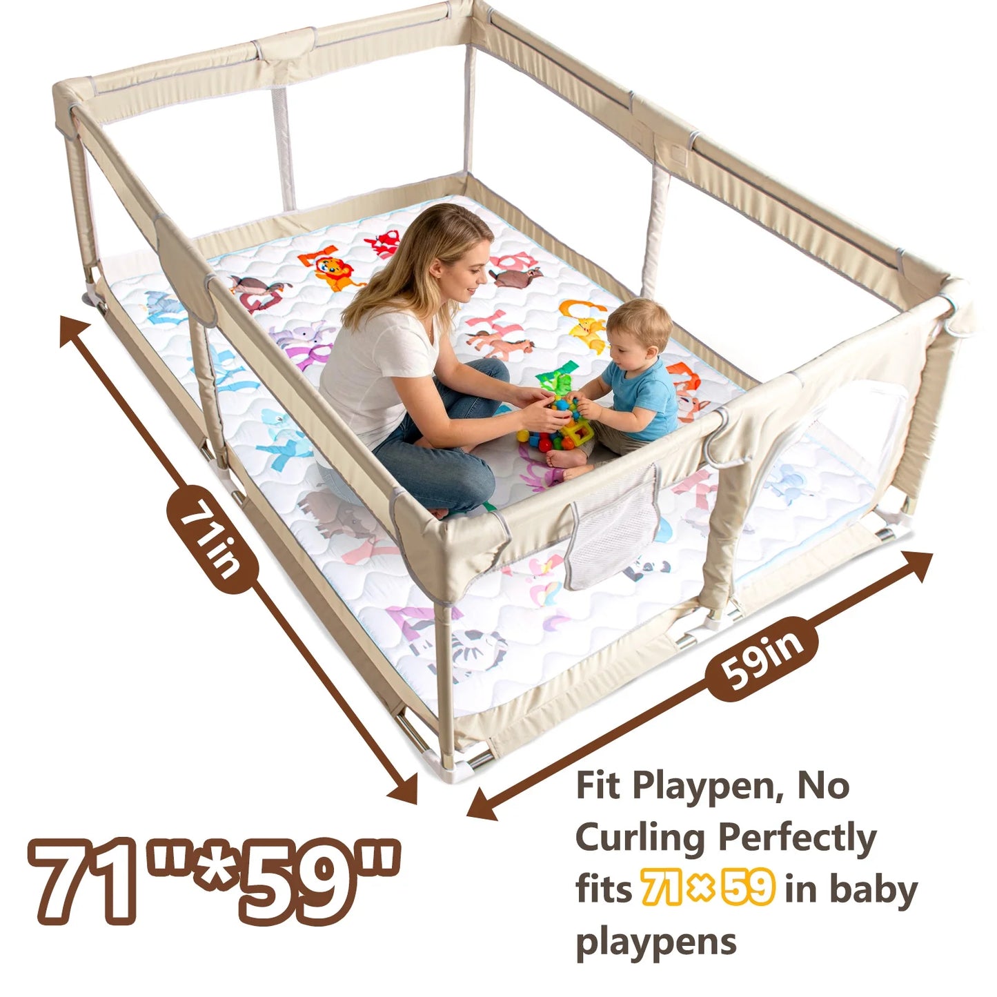 Beavtaens Baby Play Mat for Floor, Fits 71X59 Playpen, Non-Slip, Soft for Infants, 0-4 Years, Animal