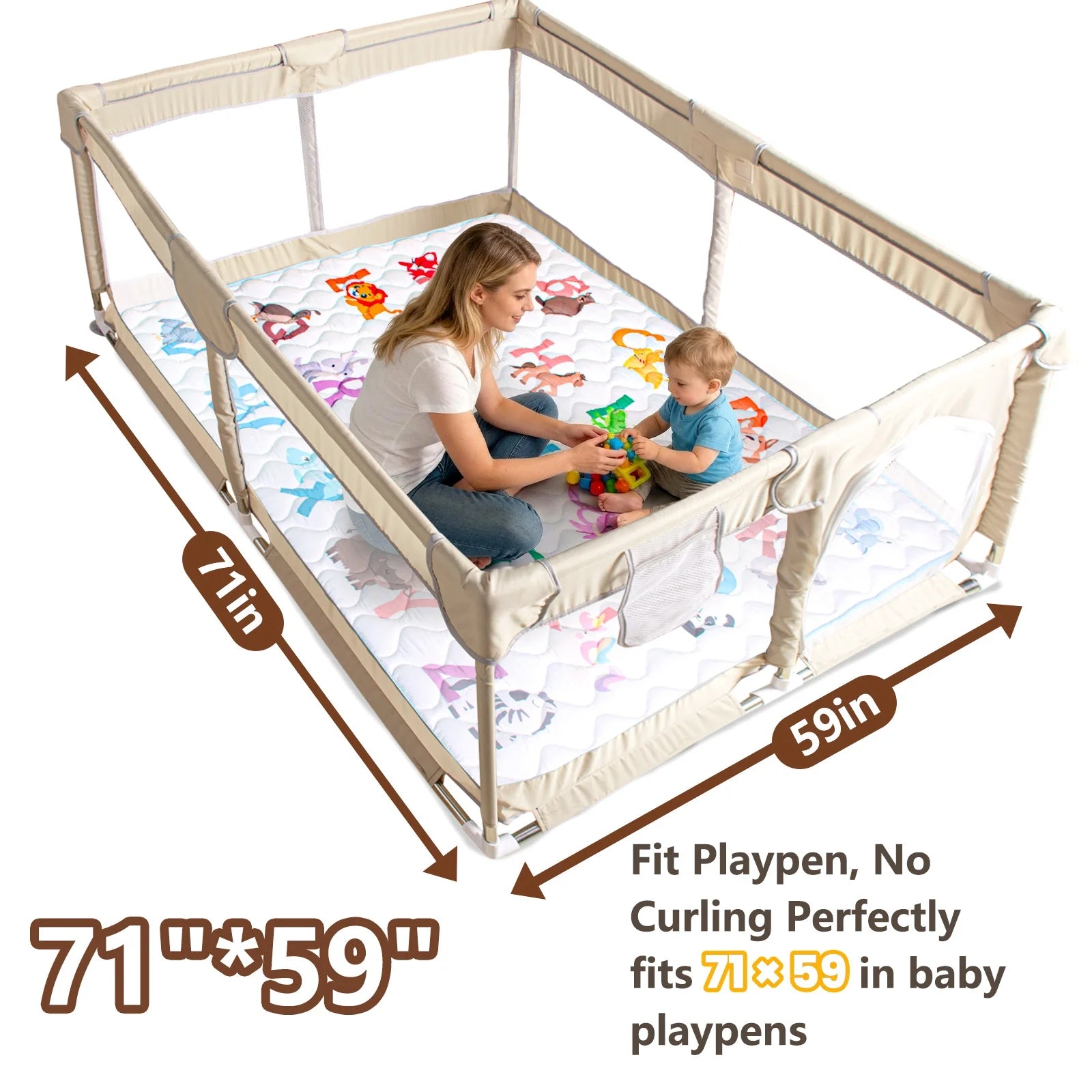 Beavtaens Baby Play Mat for Floor, Fits 71X59 Playpen, Non-Slip, Soft for Infants, 0-4 Years, Animal