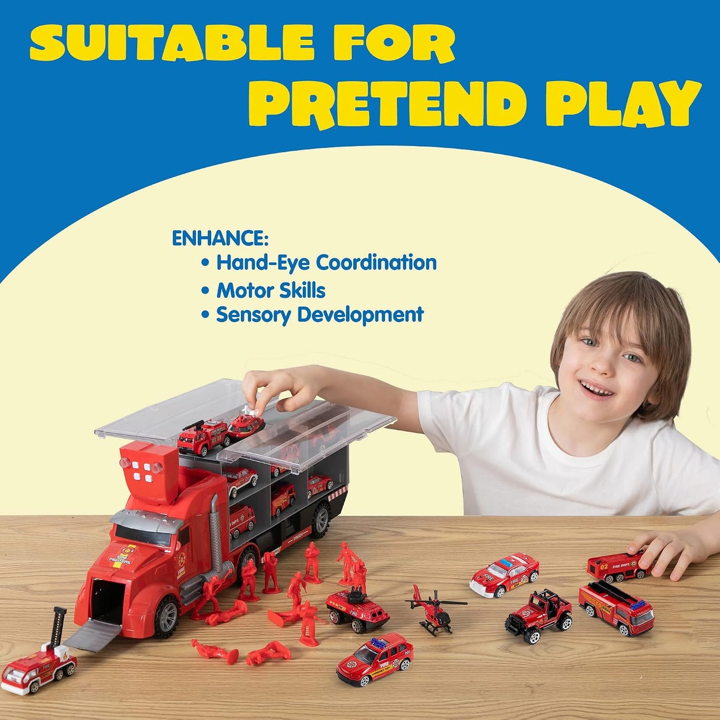 JOYIN 25Pcs Die-Cast Construction Play Vehicle Set with 25Pcs Rescue Emergency Fire Truck Car Vehicle Toy Set, Carrier Truck with Sounds and Lights, Birthday Gifts for over 3 Years Old Boys