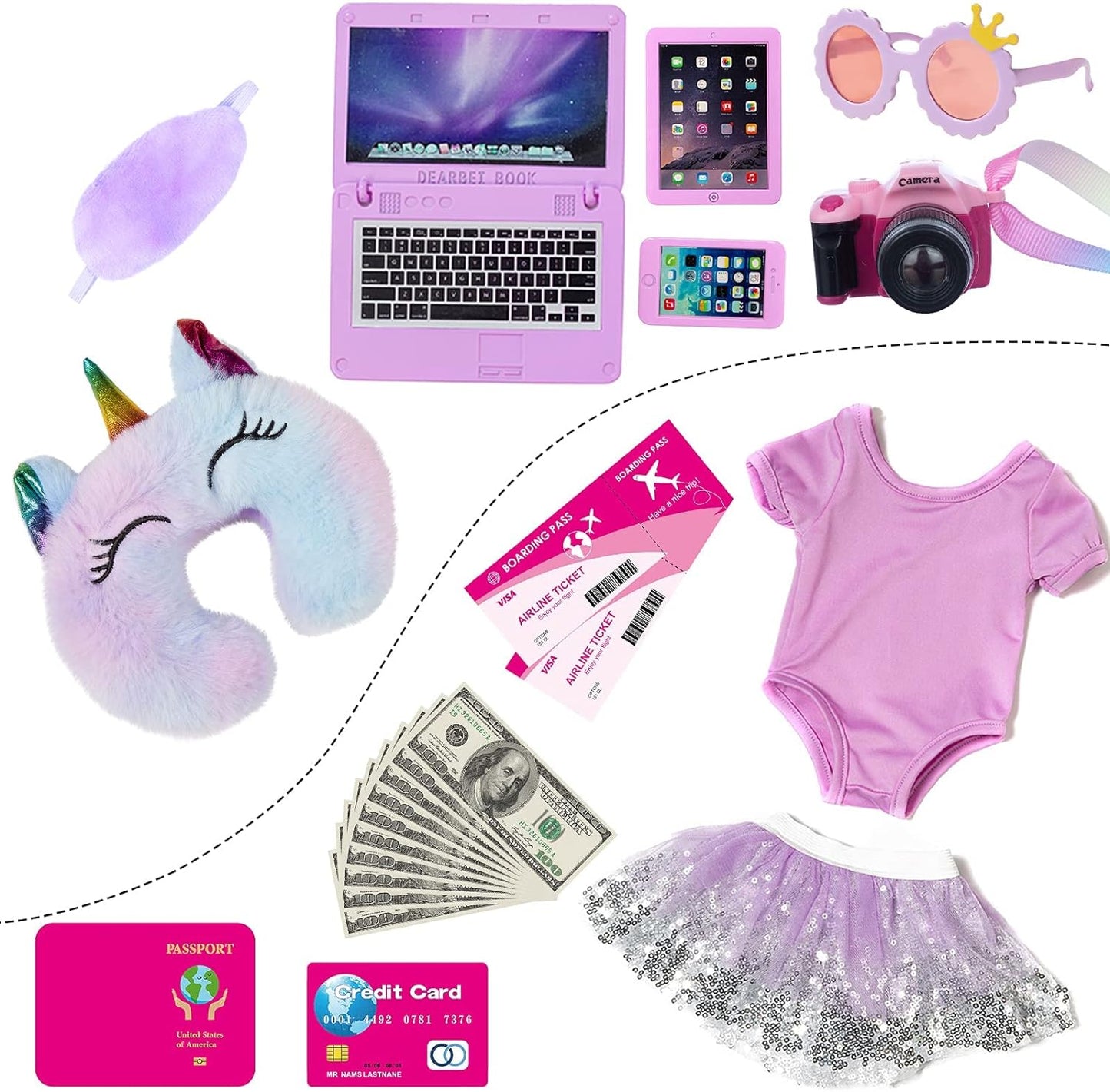 ZNTWEI American 18 Inch Doll Travel Suitcase Play Set with 18 Inch Doll Clothes and Accessories Including Sunglasses Camera Computer Phone Ipad Travel Pillow Ect