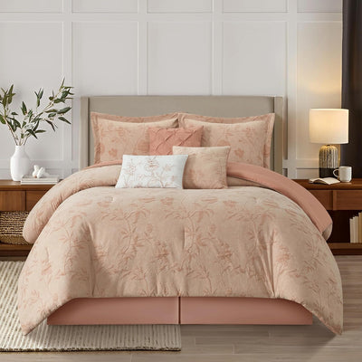 Stratford Park Floral Blush Comforter Set, Cotton Blend Jacquard Bedding Set, 7 Piece California King Size Bedding, Matching Bedskirt, Pillows, Shams