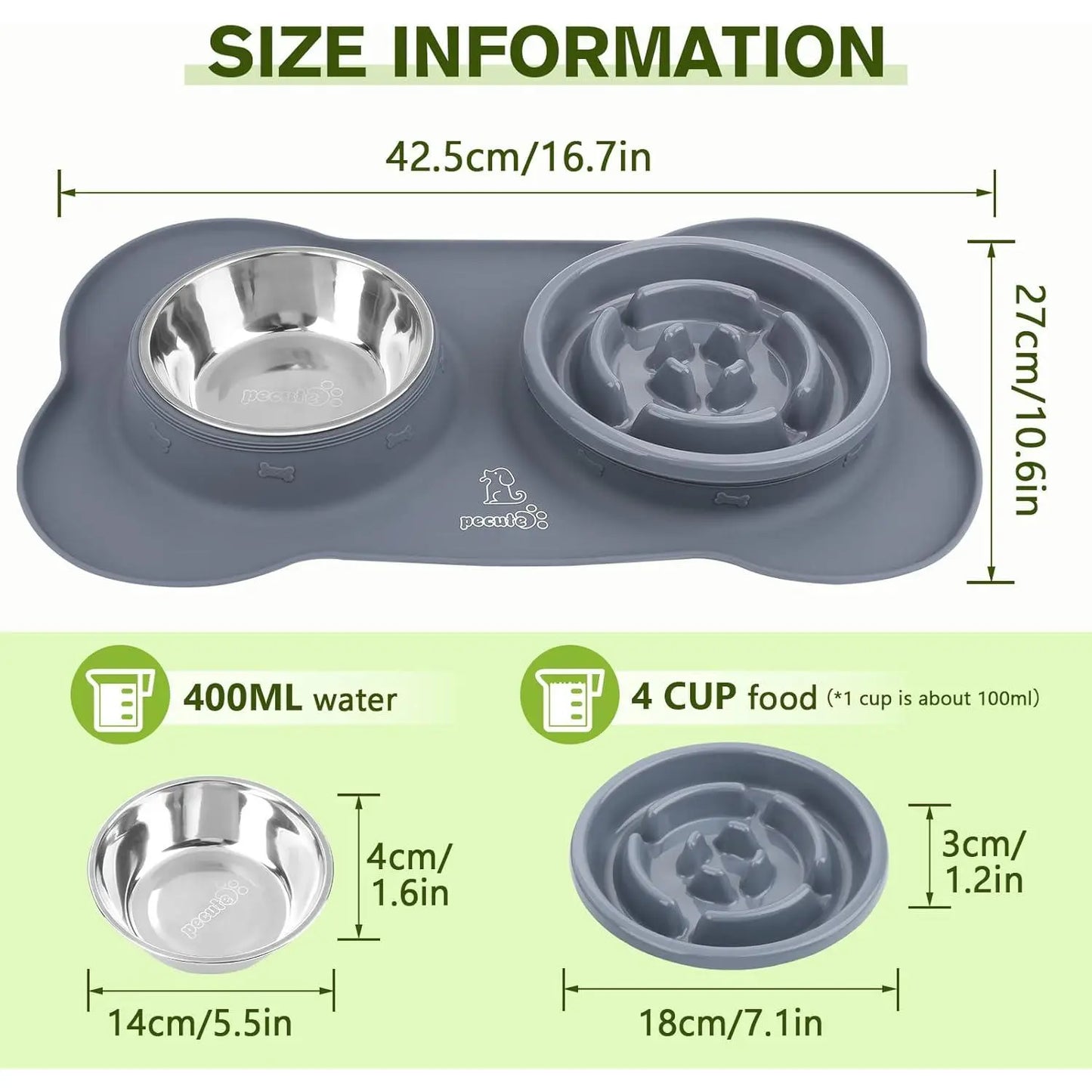 Pecute Slow Feeder Dog Bowls to Slow down Eating, Dog Bowl Slow Feeder with No-Spill Non-Skid Silicone Mat, Food-Grade Safe Dog Food Bowls Slow Feeder, Stainless Steel Dog Water Bowl for Dogs Cats