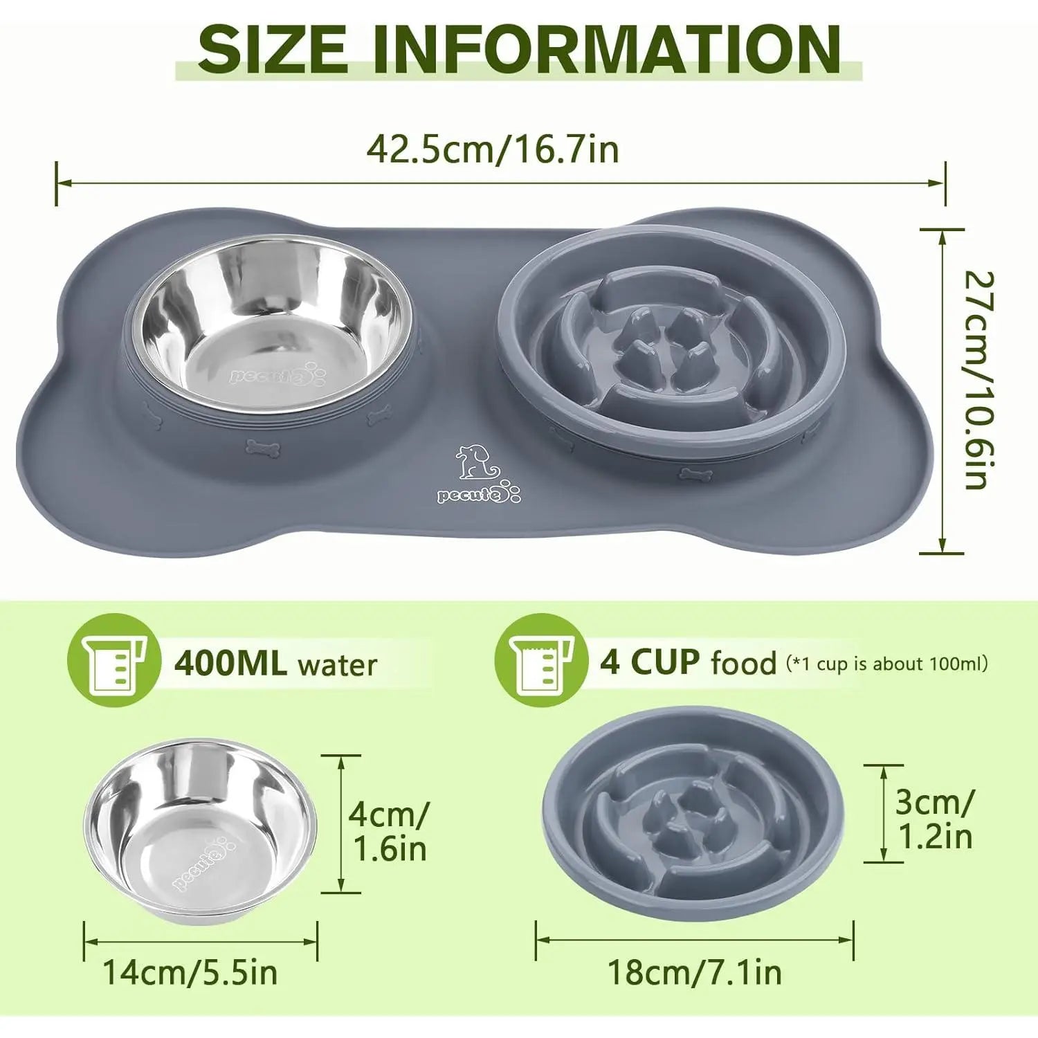 Pecute Slow Feeder Dog Bowls to Slow down Eating, Dog Bowl Slow Feeder with No-Spill Non-Skid Silicone Mat, Food-Grade Safe Dog Food Bowls Slow Feeder, Stainless Steel Dog Water Bowl for Dogs Cats