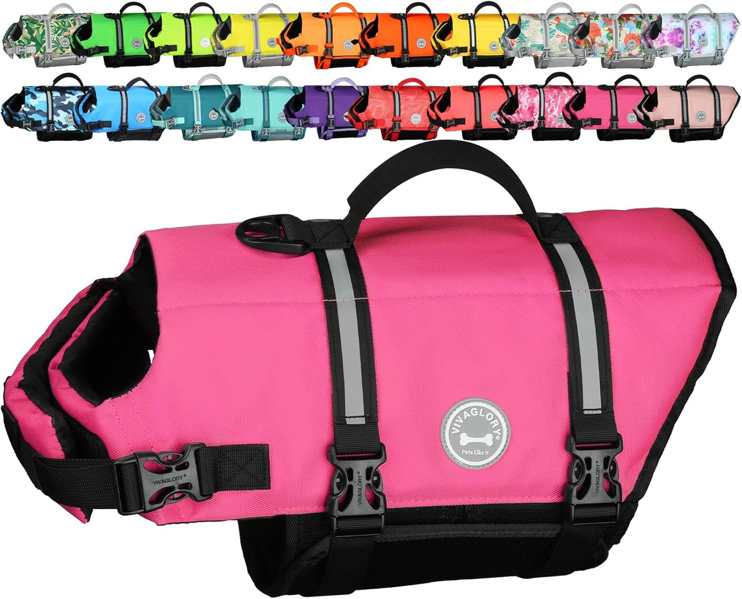 VIVAGLORY Rip Stop Dog Life Vest, Swimming Vest with Handle, Buoyancy for Doggy Puppy, Dog Life Jacket for Swimming & Boating, M, Pink