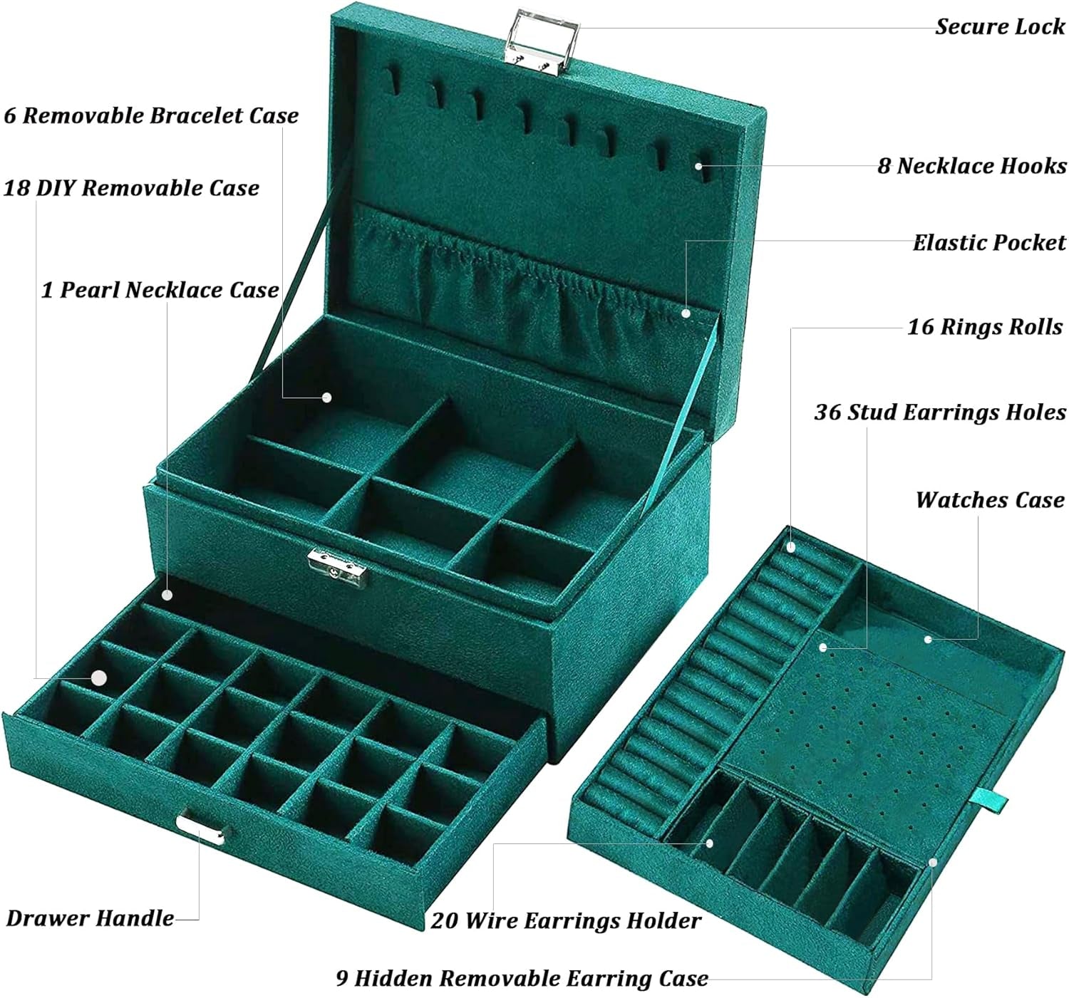 Jewelry Box for Women with Drawer, 3-Layer Large Jewelry Organizer with Lock & Key, 8 Necklace Hooks & 56 Earring Holes, Green Velvet Jewelry Storage Box for Necklaces Earrings Rings Bracelets