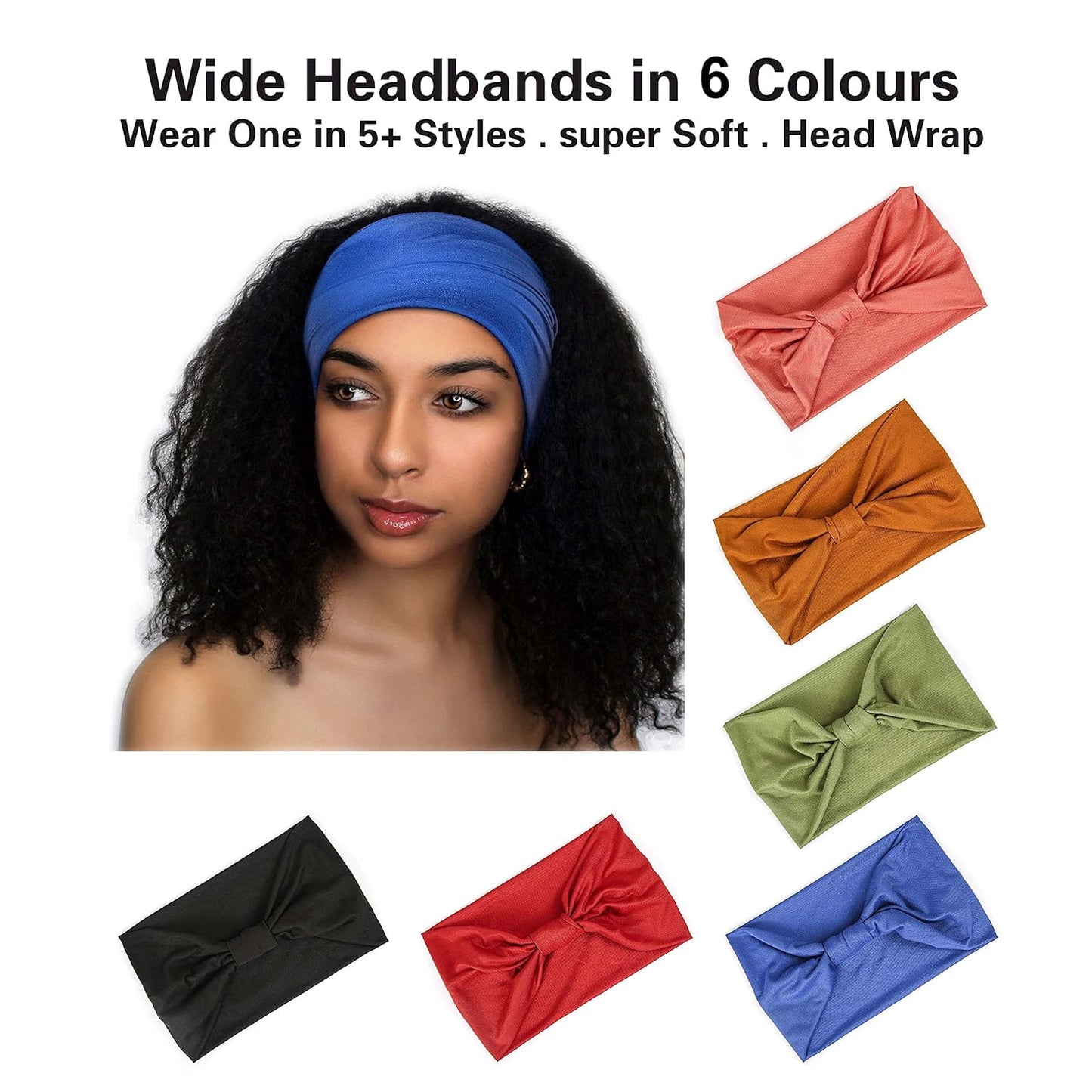 Gili 6 Pack Wide Headbands for Women Non Slip Soft Elastic Hair Bands Yoga Running Sports Workout Gym Head Wraps, Knotted Cotton Cloth African Turbans Bandana (With 6 Pcs Hair Ties)