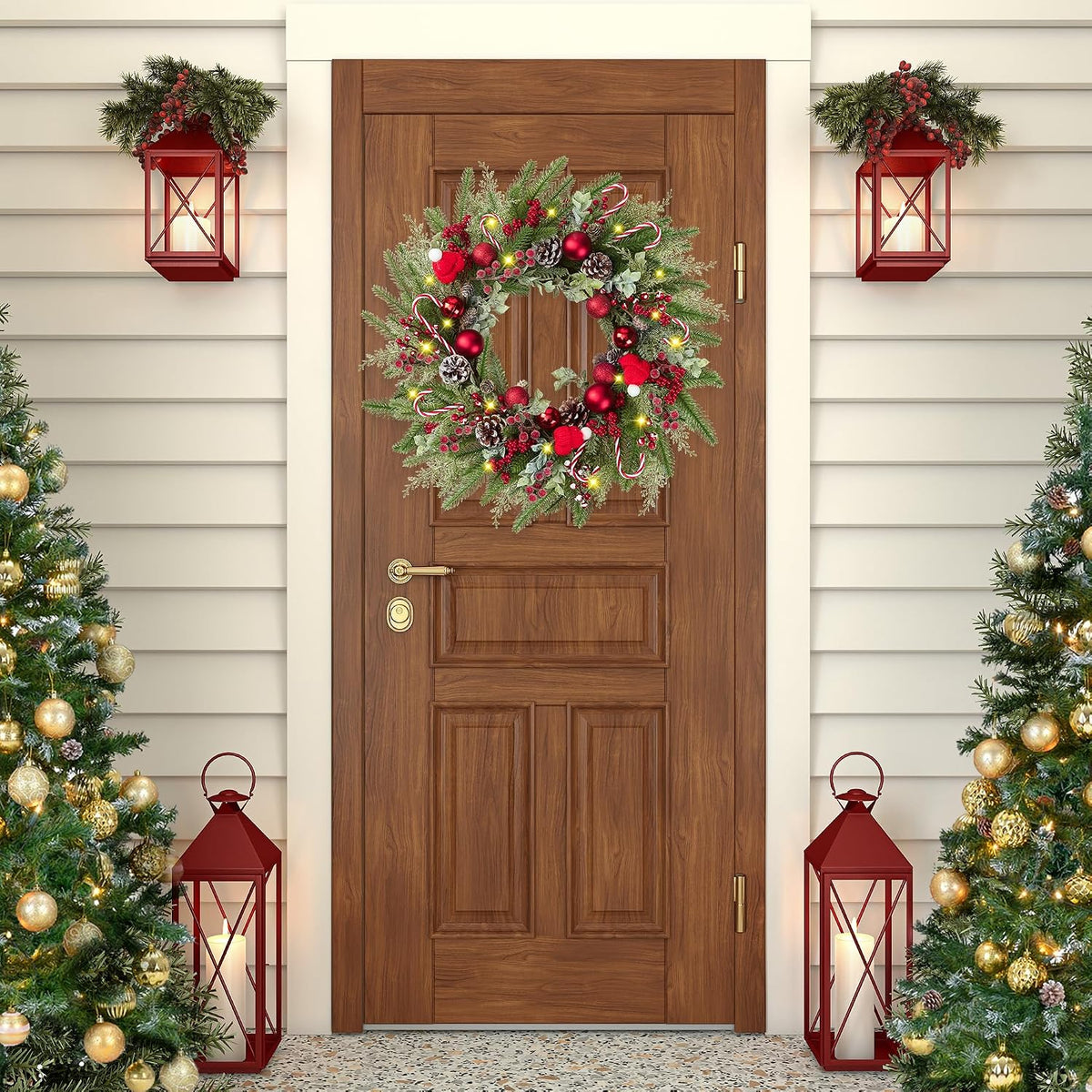 22’’ Artificial Christmas Wreath for Front Door with Red Balls Candy Canes Pine Needles Red Berries Pine Cones Christmas Decorations for Winter Wall Outdoor Home Holiday Xmas Decor
