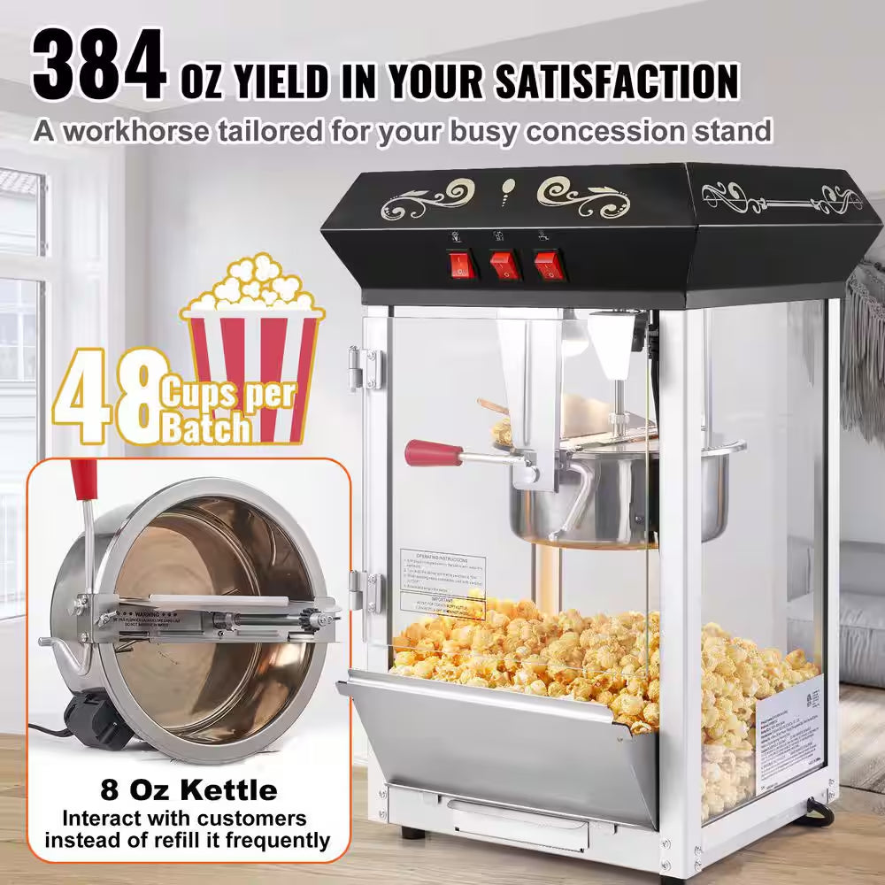 Popcorn Maker, 850 W Popcorn Popper Machine, 8 Oz. Kettle Makes 48-Cups per Batch, Countertop Popcorn Machine, Black