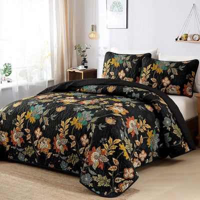 WONGS BEDDING Floral Quilt Set King,3 Pieces Vintage Botanical King Bedspread,Black Floral Quilt Bedding Set with 2 Pillowcases,Soft Lightweight Microfiber Coverlet Set for All Season(104"X90")