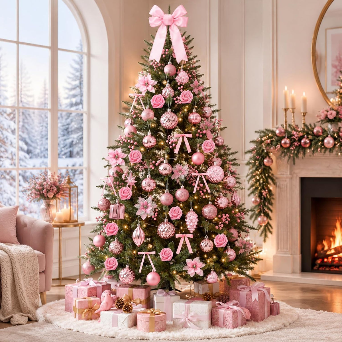 111 Pcs Pink Christmas Ornaments, Bow Topper Ball Poinsettia Rose