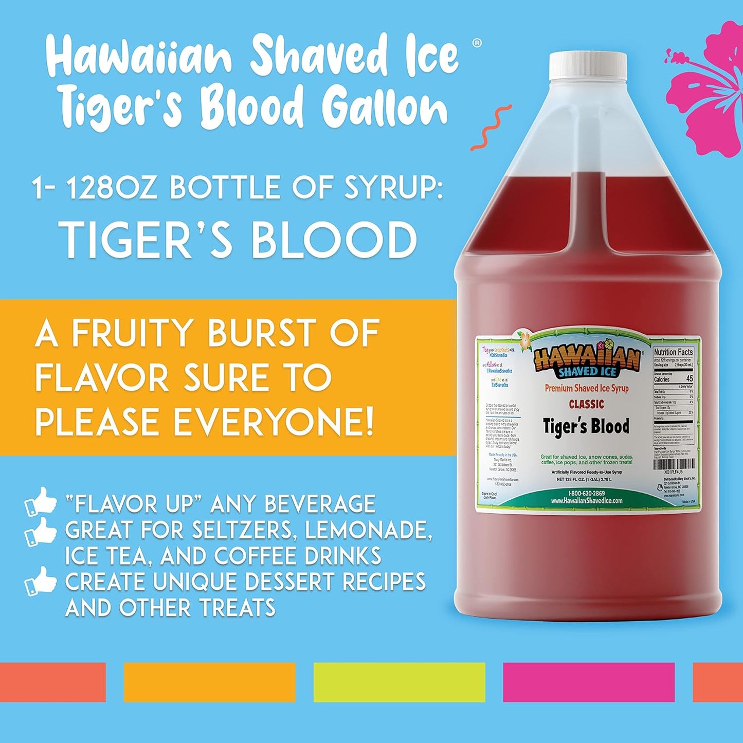 Hawaiian Shaved Ice Syrup Gallon, Tiger'S Blood Flavor, Great for Slushies, Italian Soda, Popsicles, & More, No Refrigeration Needed, Contains No Nuts, Soy, Wheat, Dairy, Starch, Flour, or Egg Products