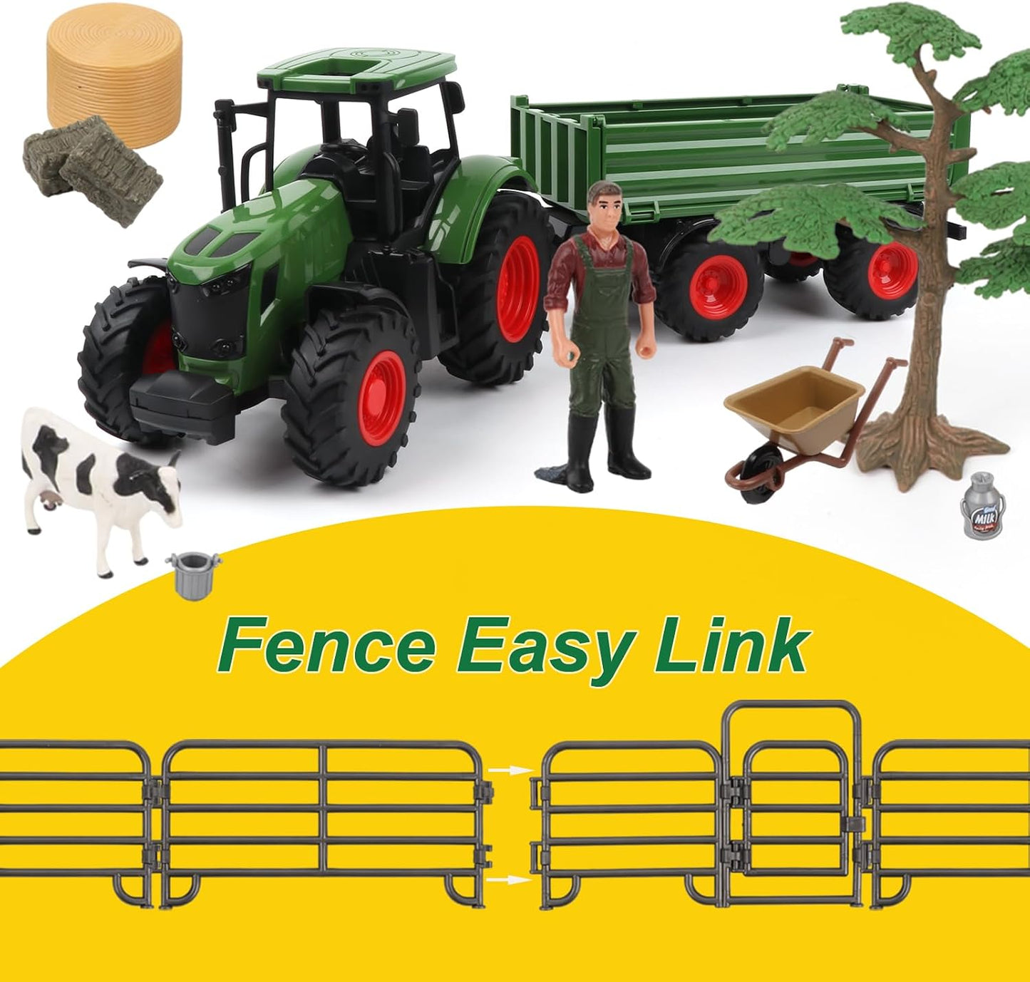 Peagprav Farm Animal Tractor Toys Playset-16.5 Inches Tractor with Trailer Fence,Farmer,Tree,Cow,Farm Toy Set for Boys Girls Kids Toddlers Age 3-7 Years Old
