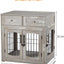 Dog Crate Furniture with Double Drawers, Wooden End Table Dog Kennel, Furniture Style Wood House Crate for Small/Medium/Large Dogs, Decorative Dog Crate with Storage for Large Breed, 32 Inch,Gray