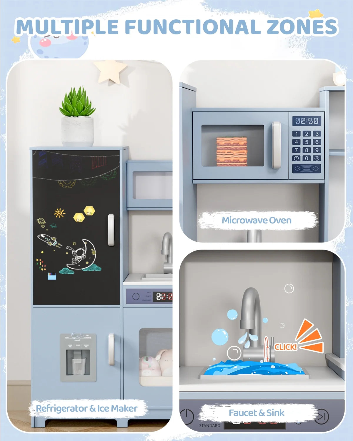 Arlopu Kids Corner Play Kitchen, Ultimate Interactive Wooden Kitchen Playset with Lights & Sounds, Cooking Toy Set with Stove, Range Hood, Sink, Faucet, Ice Maker & Washing Machine