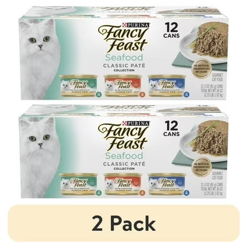(2 Pack) Purina Fancy Feast Seafood Classic Pate Collection Grain Free Wet Cat Food Pate Variety Pack, 3 Oz Cans (12 Pack)