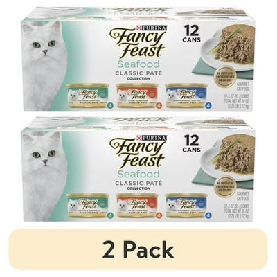 (2 Pack) Purina Fancy Feast Seafood Classic Pate Collection Grain Free Wet Cat Food Pate Variety Pack, 3 Oz Cans (12 Pack)